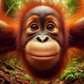 Baby orang-utan peers into viewpoint, in unique portrait