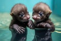 baby otters swimming side by side, their tiny paws grasping one another