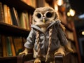 Baby owl librarian on ladder near bookshelf