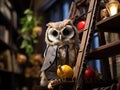 Baby owl librarian on ladder near bookshelf