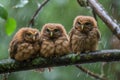 baby owls huddle together on the branch, sheltered from rain and wind