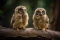 baby owls perched on branch, watching their surroundings