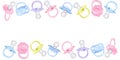 Baby pacifier dummy frame banner, boy girl. Pink blue violet green. Hand drawn watercolor illustration isolated on white