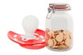 Baby pacifier with glass jar full of golden coins, 3D rendering