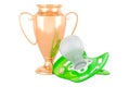 Baby pacifier with golden trophy cup award. 3D rendering