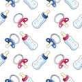 Baby pacifier and milk bottle boy or girl, vector seamless pattern in the style of doodles, hand drawn Royalty Free Stock Photo