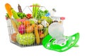 Baby pacifier with shopping basket full of products, fruits and vegetables. 3D rendering Royalty Free Stock Photo