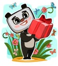 Baby panda Bear carries gift to friend. Red box with ribbon and bow. Summer children illustration. On glade among