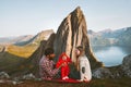 Baby with parents family travel lifestyle mother and father with child in Norway Royalty Free Stock Photo