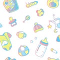 Baby pastel seamless pattern, background with different baby items on a white.