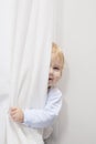 Baby peeking behind curtain Royalty Free Stock Photo
