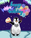 Baby penguin birthday card, cute birthday greeting card with adorable penguin with cheese cake, colorful balloons