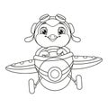 Penguin pilot flying on plane coloring page. Black and white cartoon illustration