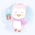 Baby penguin holding gift box cartoon hand drawn illustration Royalty Free Stock Photo