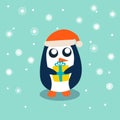 Baby Penguin standing on sky blue background and holding the gift. Cute Penguin cartoon flat design vector illustration Royalty Free Stock Photo