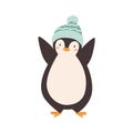 Baby penguin standing in woolen colorful bobble hat vector flat illustration. Cute polar bird wearing childish