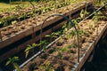 Baby pepper plant in raised garden bed