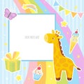 Baby photo frame with cute giraffe, butterfly, gift, rainbow and other elements Royalty Free Stock Photo