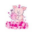 Baby pig is washing illustration. Lovely blue bear cub with a washcloth and bubbles.