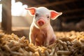 Baby piglet on hay and straw at pig breeding farm