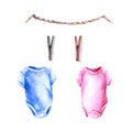 Baby pink and blue bodysuit with clothesline and clothes pegs. Watercolor hand draw illustration