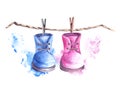 Baby pink and blue booties, shoes with clothesline, clothes pegs. Watercolor hand draw illustration