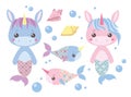 Baby pink and blue cartoon unicorn mermaids, swordfish, seashell and water bubbles vector illustration set