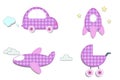 Baby plaid pink stickers of car, rocket, stroller, airplane