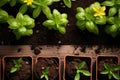 Baby plants seeding in flower pots. Spring planting. Early seedling, grown from seeds in pots at home. Small garden in Royalty Free Stock Photo