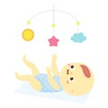 Baby play with bed mobil. Happy toddler. Newborn child and educational game. Little kid have fun with toy