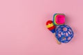 Baby play development concept. Flat lay objects baby toys for development background concept. Table top view variety Royalty Free Stock Photo