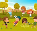 Baby Play Kindergarten Playground Illustration. Children Play Football and Swing Outdoor in Summer Green Tree Park Royalty Free Stock Photo