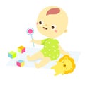Baby play with rattle and cubes. Newborn child, Little kid enjoy toys