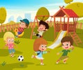 Baby Playground Summer Park Vector Illustration. Children Play Football and Swing Outdoor in School Yard Kindergarten Royalty Free Stock Photo