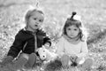 Baby playing in green grass. Child having fun on family picnic in summer garden. Brother and sister play together in a Royalty Free Stock Photo