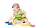 Baby Playing Toys Blocks, Kid Play with Colorful Building Bricks, One Year Old Child on White Royalty Free Stock Photo