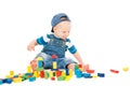 Baby Playing Toys Blocks, Kid Play Colorful Building Bricks, One Year Old Child on White Royalty Free Stock Photo