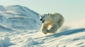 A baby polar bear running through the snow