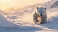 A baby polar bear running through the snow