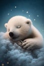Baby Polar Bear Sleeping on Cloud with Starry Sky. Generative ai