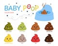Baby pooping emoticons. Newborn stool color chart, different emotions poop. Toddler feces elements, cartoon potty with