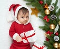Baby portrait in christmas decoration, dressed as Santa, lie on fur near fir tree and play with gifts, winter holiday concept Royalty Free Stock Photo