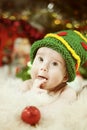 Baby Portrait, Newborn Kid, Child in Green Christmas Tree Hat