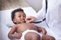 Baby, portrait and pediatrician with stethoscope for heartbeat consultation or lung infection, listening or checkup Royalty Free Stock Photo