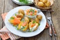 Baby potatoes with curd and salmon