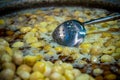 Baby potatoes in a hot oil in a metal pan