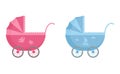 Baby pram in blue and pink colors decorated with sailboat and butterfly in flat style. Royalty Free Stock Photo