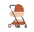 Baby pram, carriage. Kids stroller, pushchair with cradle and canopy, sunshade. Infants transport, trolley, cart for