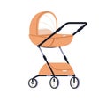 Baby pram, carriage with newborn cradle and canopy. Infants stroller, pushchair. Wheeled transport, cart for kid, child Royalty Free Stock Photo