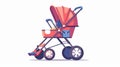 A baby pram, carriage. Newborn pushchair, stroller with bag, back view. A wheeled cradle for walking. A kids transport
